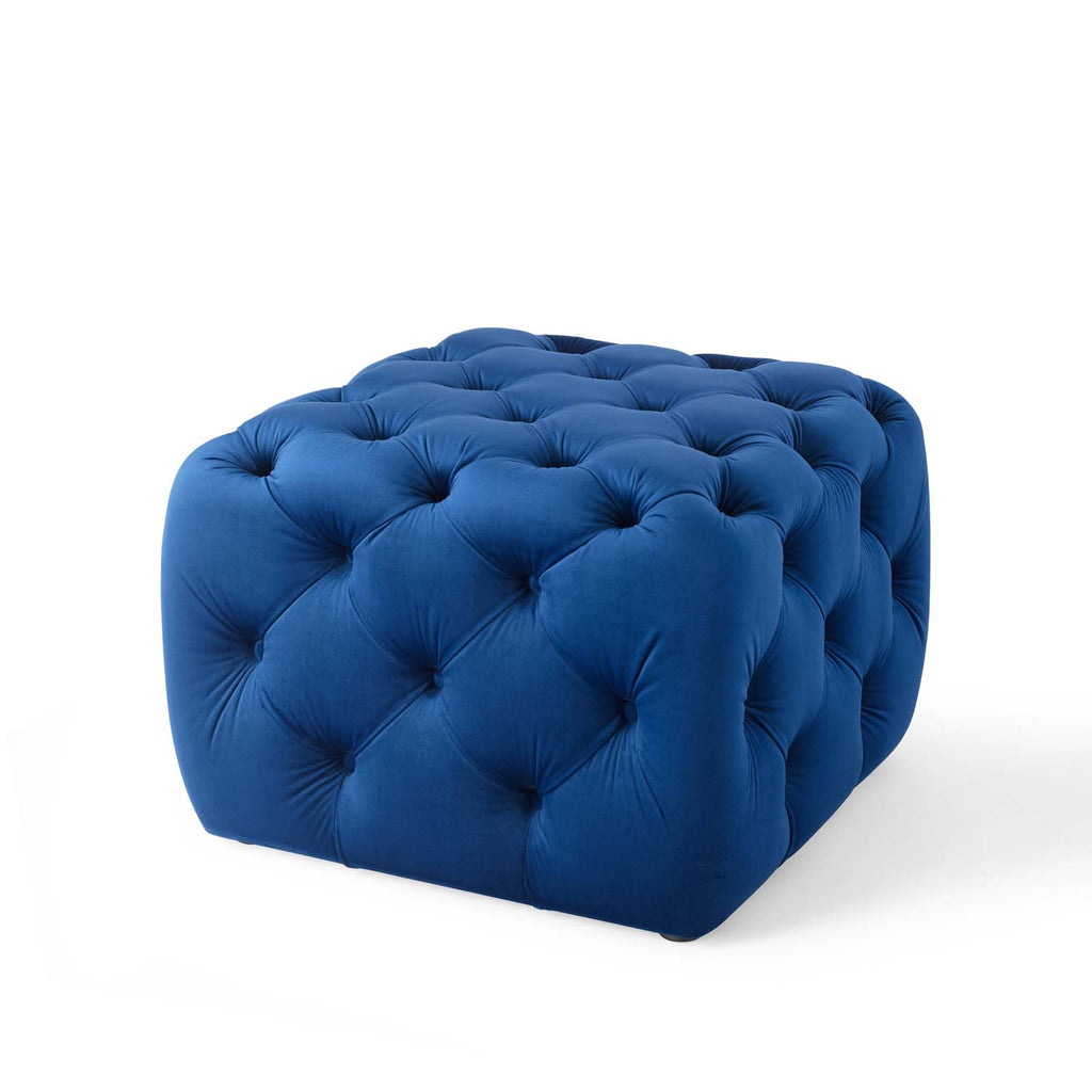 Amour Tufted Button Square Performance Velvet Ottoman in Navy