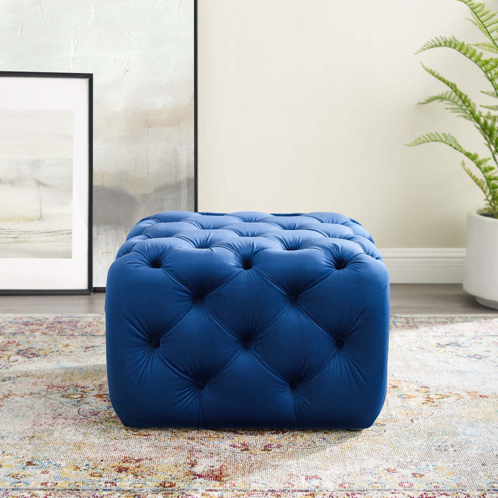 Amour Tufted Button Square Performance Velvet Ottoman in Navy