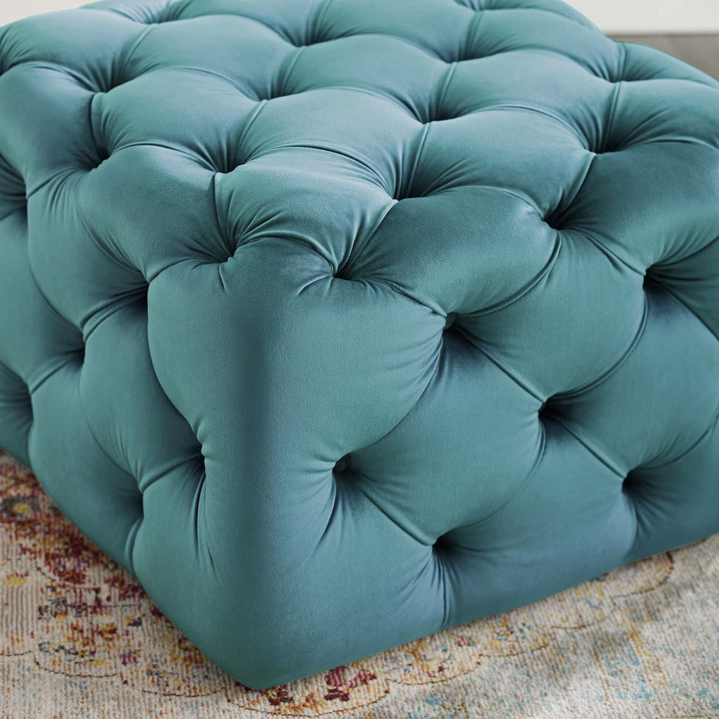 Amour Tufted Button Square Performance Velvet Ottoman in Sea Blue