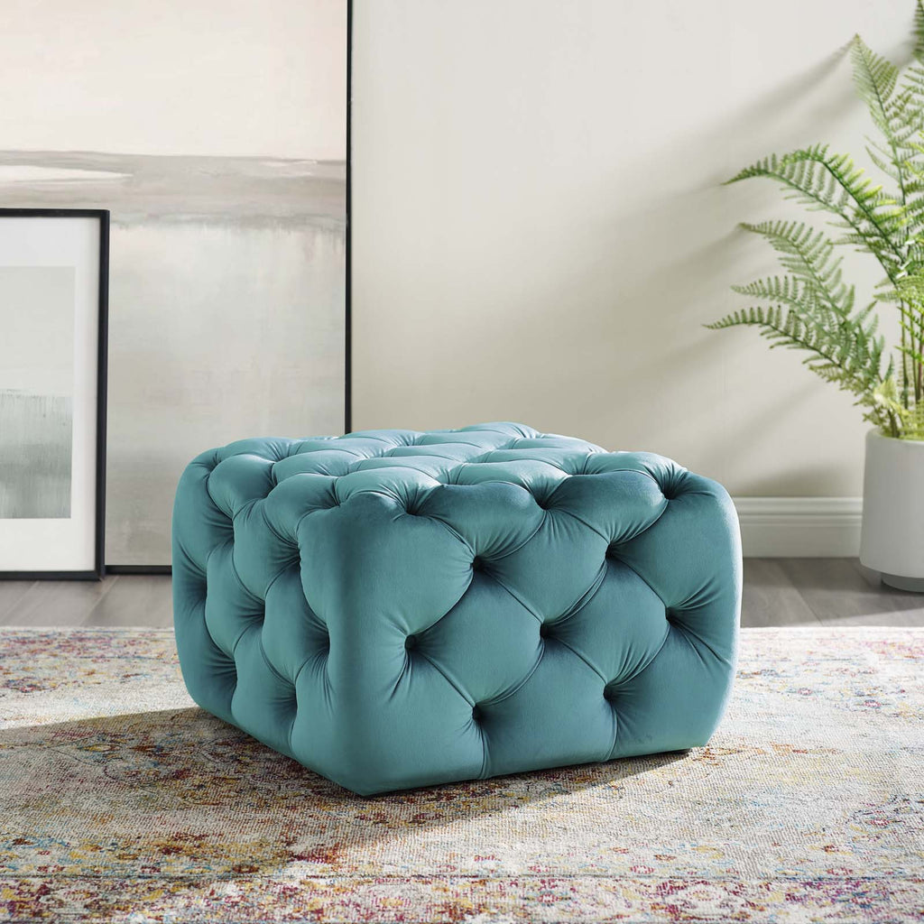 Amour Tufted Button Square Performance Velvet Ottoman in Sea Blue