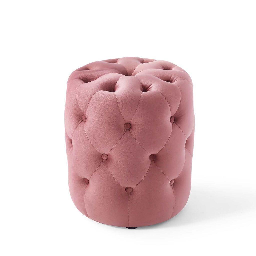 Amour Tufted Button Round Performance Velvet Ottoman in Dusty Rose