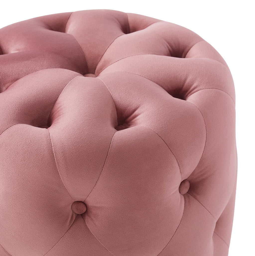 Amour Tufted Button Round Performance Velvet Ottoman in Dusty Rose