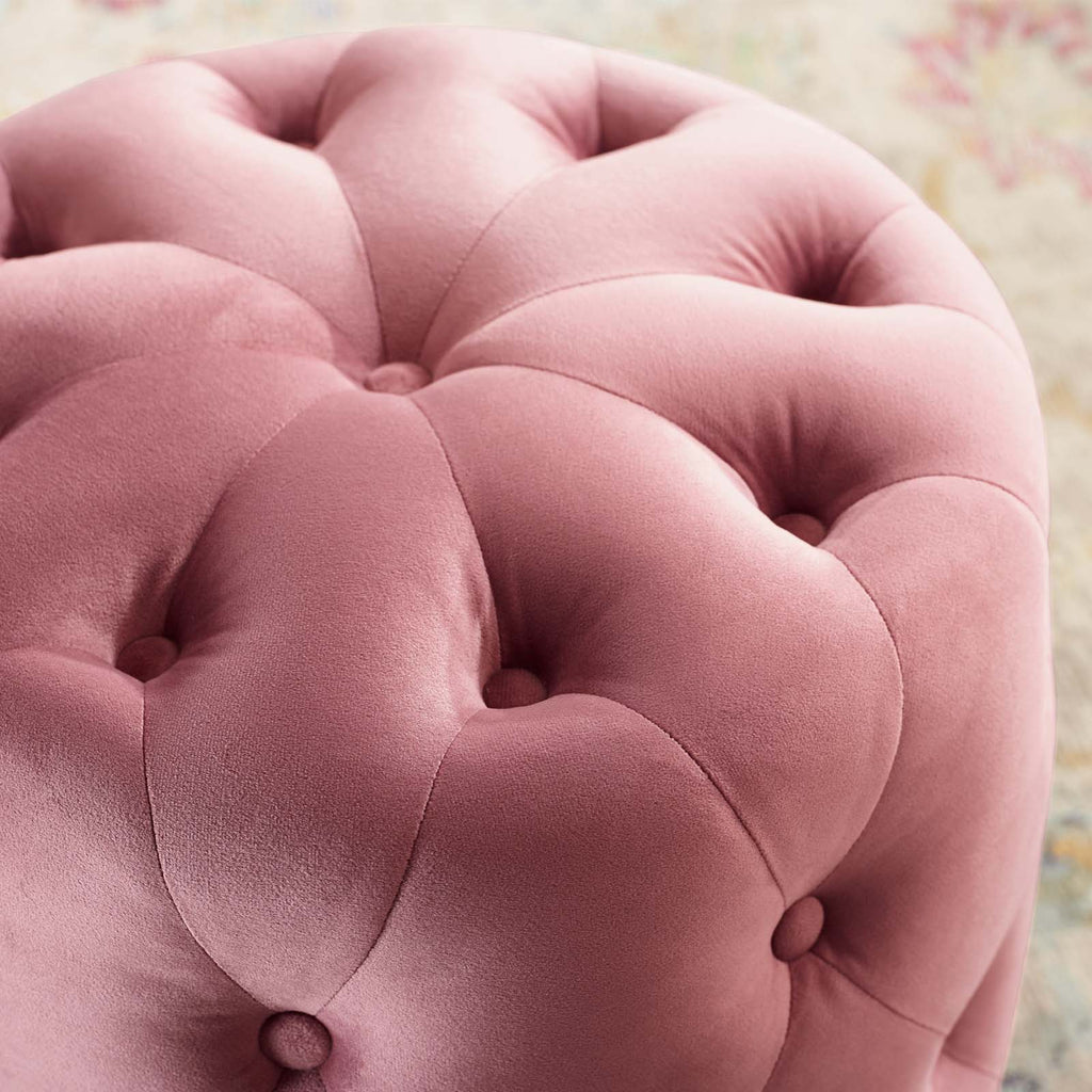 Amour Tufted Button Round Performance Velvet Ottoman in Dusty Rose