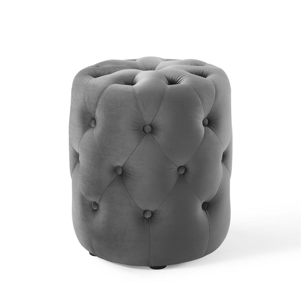 Amour Tufted Button Round Performance Velvet Ottoman in Gray