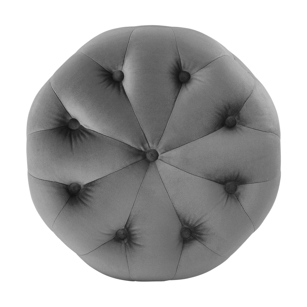 Amour Tufted Button Round Performance Velvet Ottoman in Gray