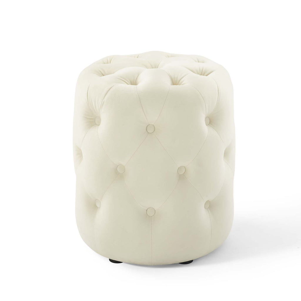 Amour Tufted Button Round Performance Velvet Ottoman in Ivory