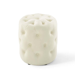 Amour Tufted Button Round Performance Velvet Ottoman in Ivory