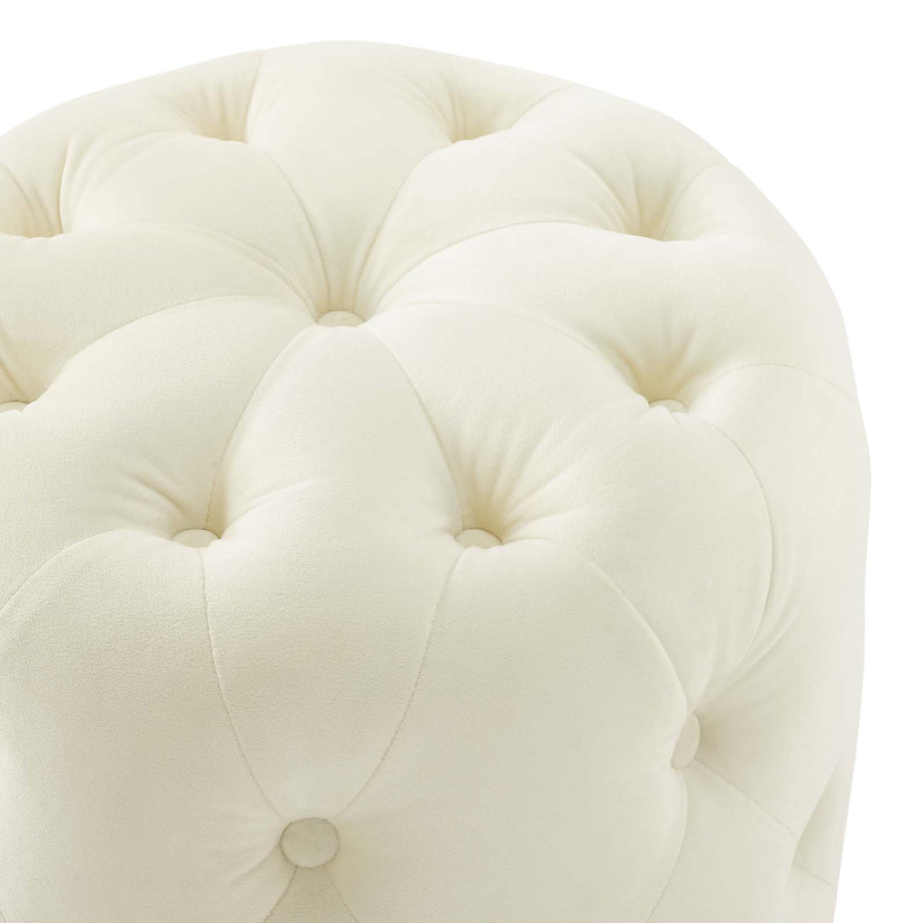 Amour Tufted Button Round Performance Velvet Ottoman in Ivory