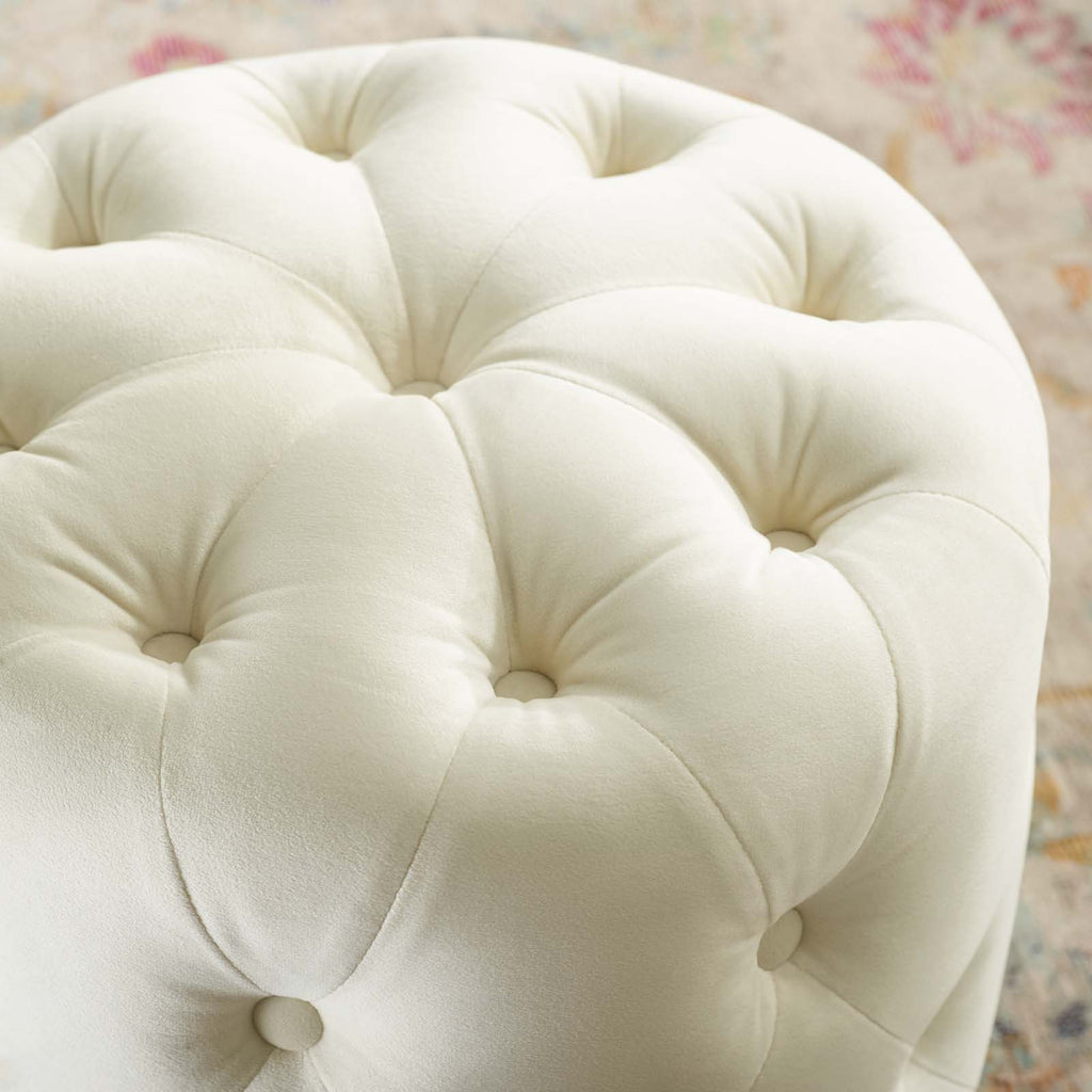 Amour Tufted Button Round Performance Velvet Ottoman in Ivory