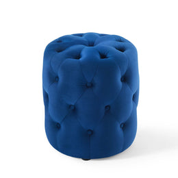 Amour Tufted Button Round Performance Velvet Ottoman in Navy