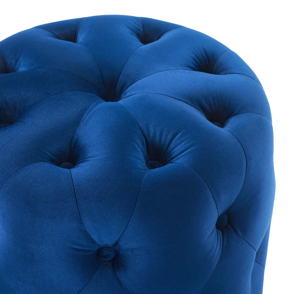 Amour Tufted Button Round Performance Velvet Ottoman in Navy