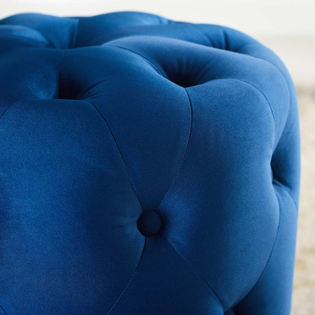 Amour Tufted Button Round Performance Velvet Ottoman in Navy