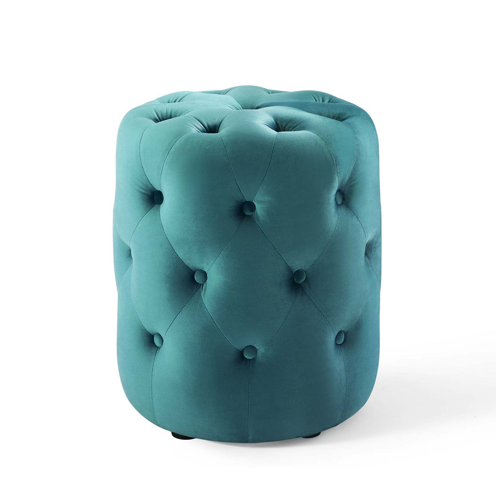 Amour Tufted Button Round Performance Velvet Ottoman in Sea Blue