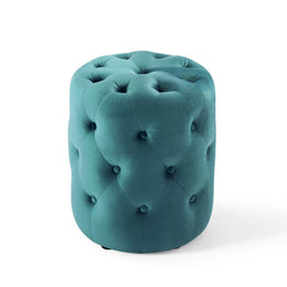 Amour Tufted Button Round Performance Velvet Ottoman in Sea Blue