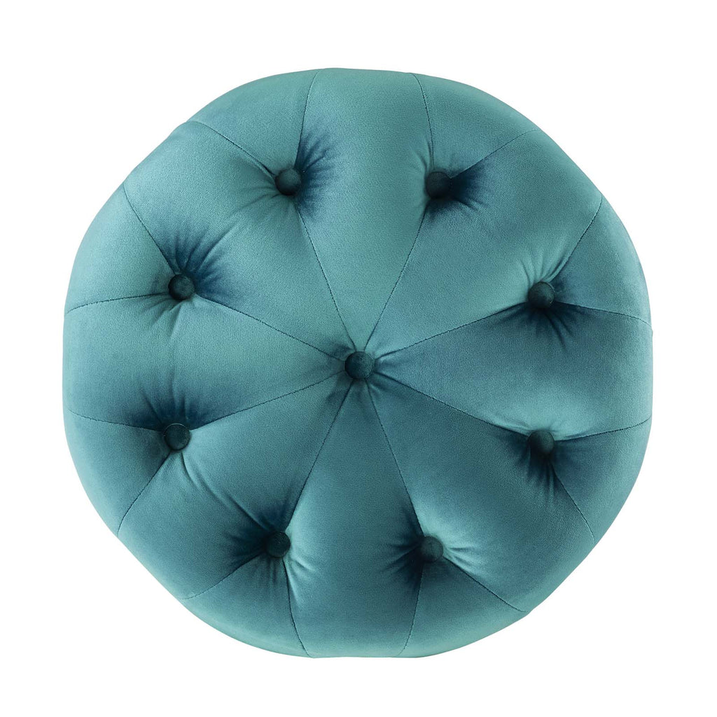 Amour Tufted Button Round Performance Velvet Ottoman in Sea Blue