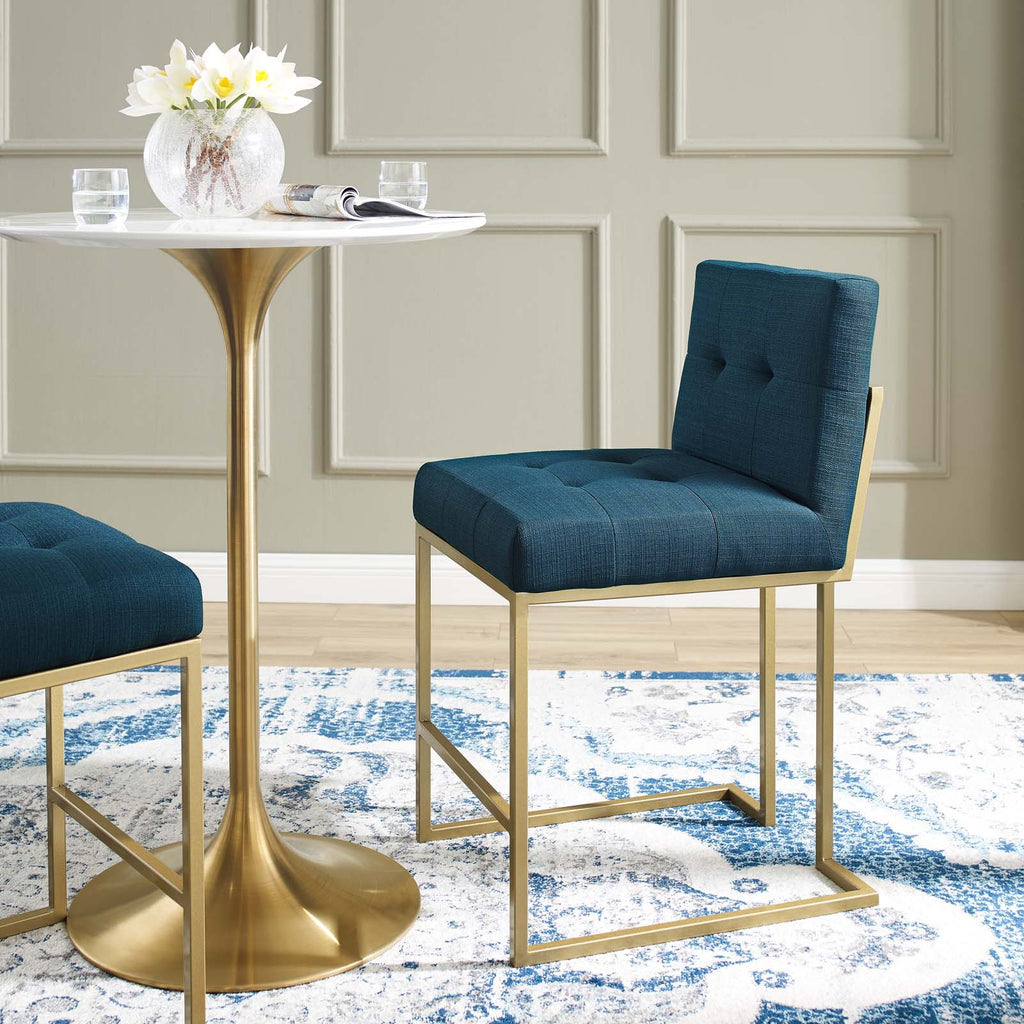 Privy Gold Stainless Steel Upholstered Fabric Counter Stool in Gold Azure