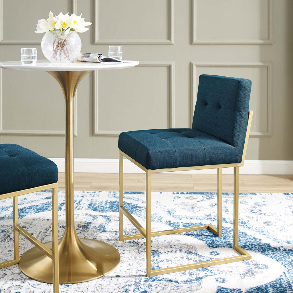 Privy Gold Stainless Steel Upholstered Fabric Counter Stool in Gold Azure