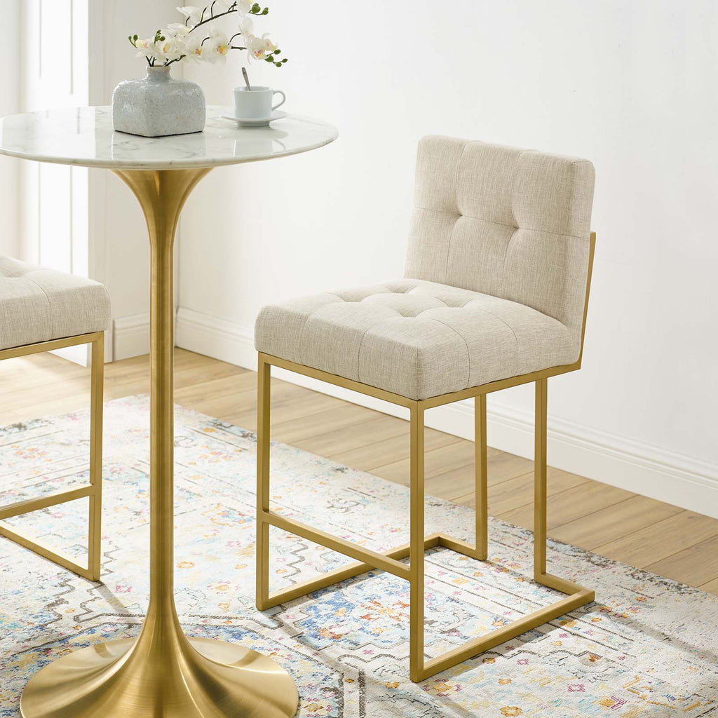 Privy Gold Stainless Steel Upholstered Fabric Counter Stool in Gold Beige