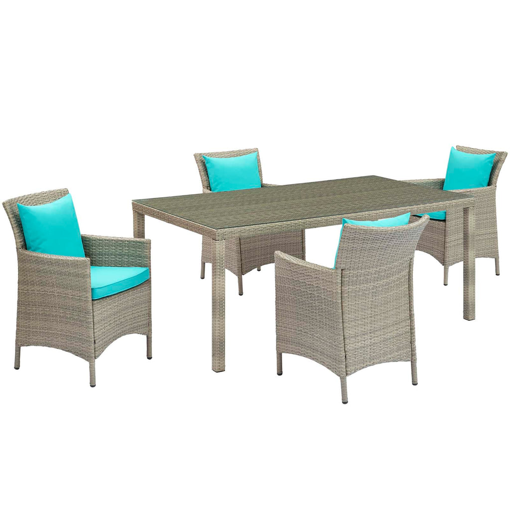 Conduit 5 Piece Outdoor Patio Wicker Rattan Dining Set in Light Gray Turquoise