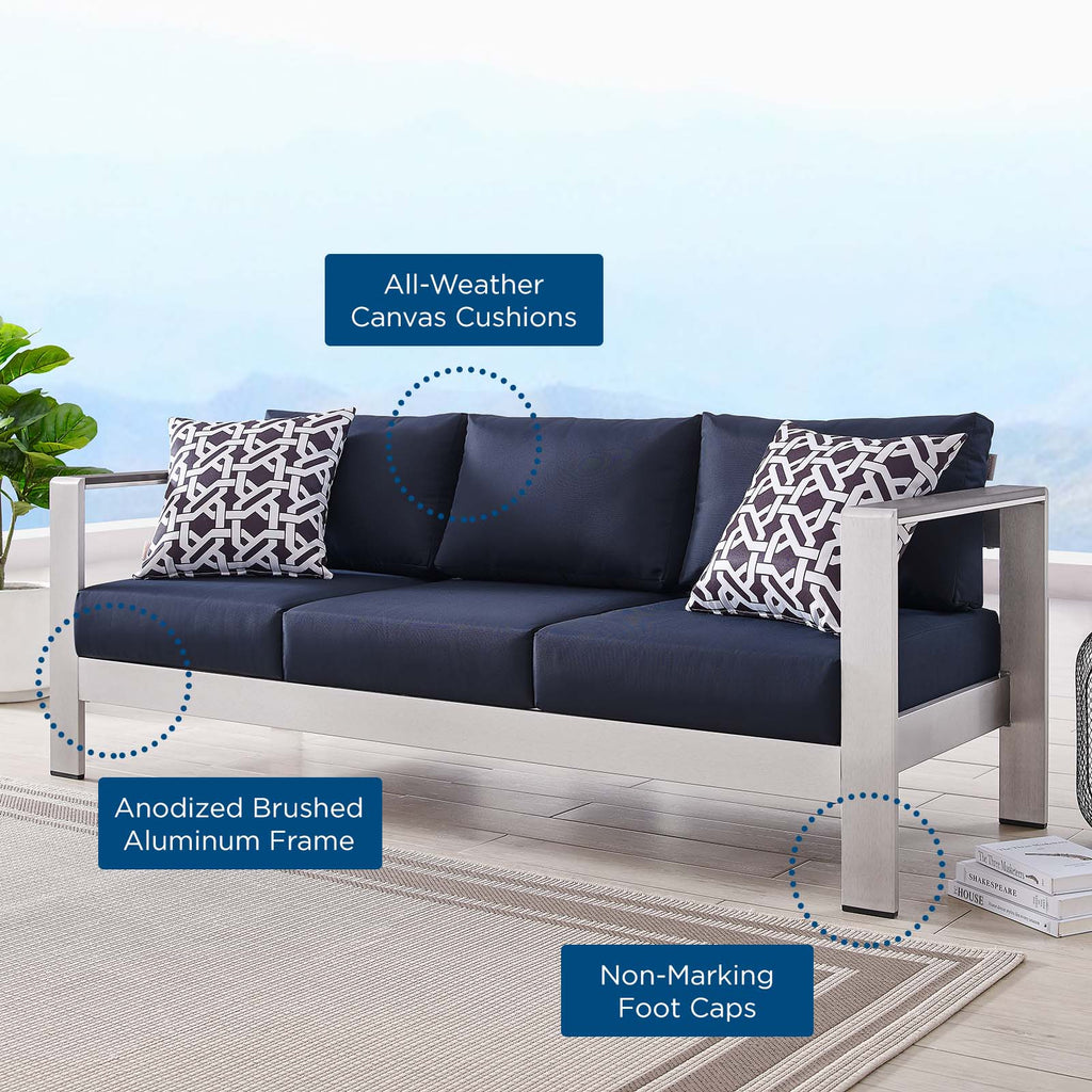 Shore Outdoor Patio Aluminum Sofa in Silver Navy