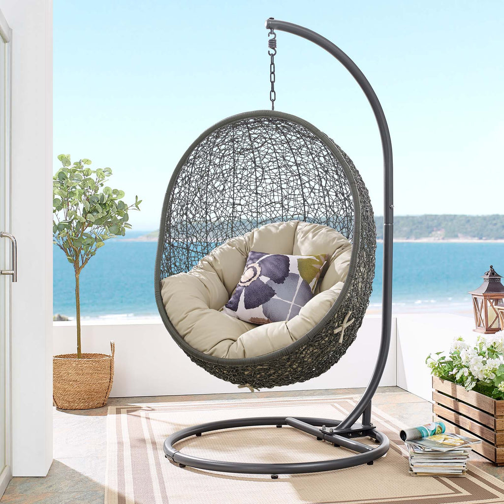 Hide Outdoor Patio Sunbrella Swing Chair With Stand in Gray Beige