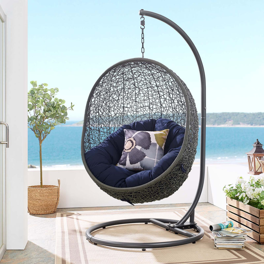 Hide Outdoor Patio Sunbrella Swing Chair With Stand in Gray Navy