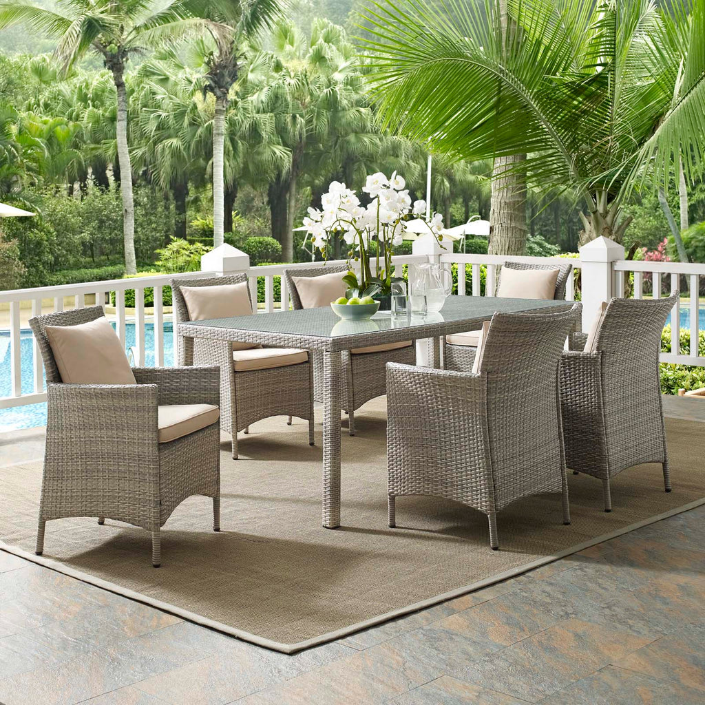 Conduit 7 Piece Outdoor Patio Wicker Rattan Dining Set in Light Gray Beige