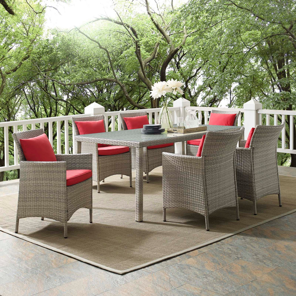 Conduit 7 Piece Outdoor Patio Wicker Rattan Dining Set in Light Gray Red