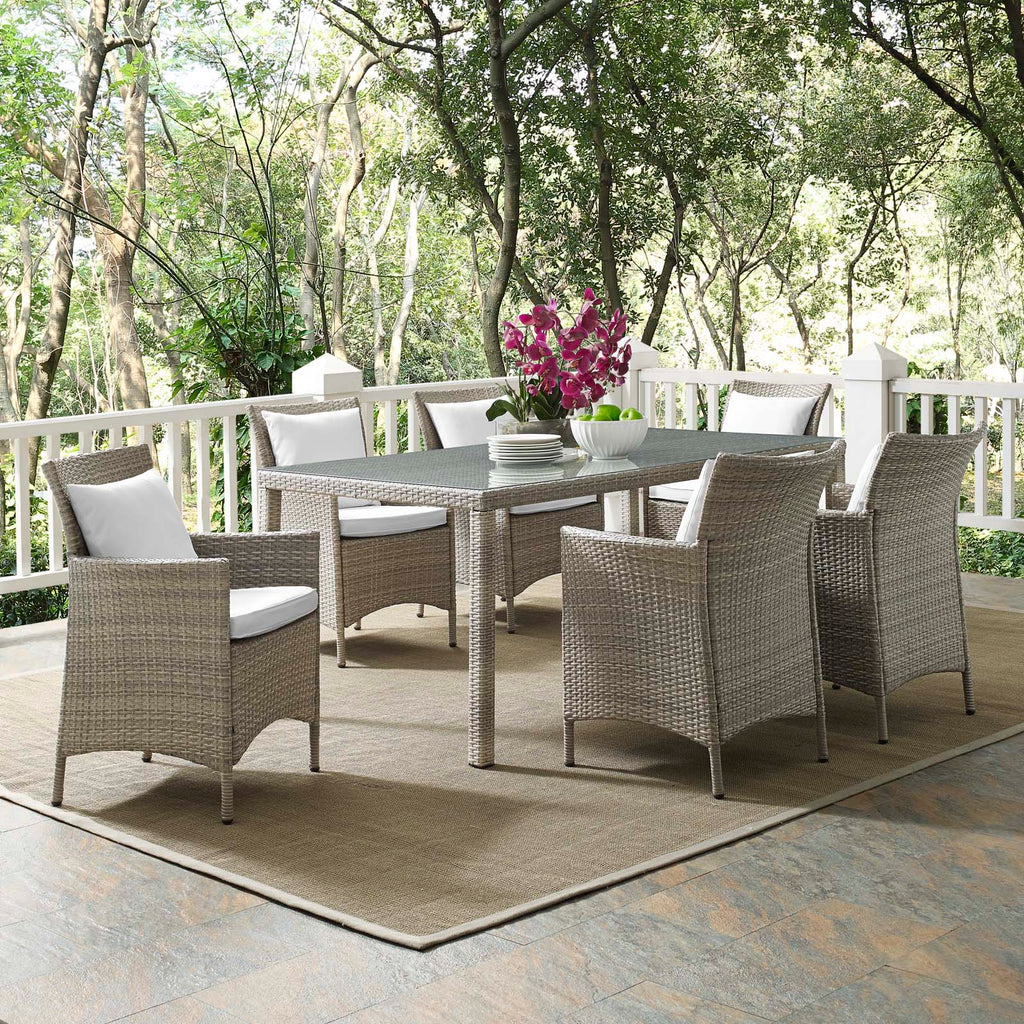 Conduit 7 Piece Outdoor Patio Wicker Rattan Dining Set in Light Gray White