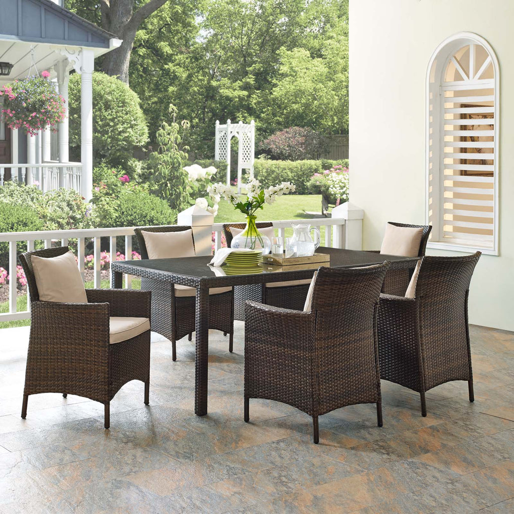 Conduit 7 Piece Outdoor Patio Wicker Rattan Dining Set in Brown Beige