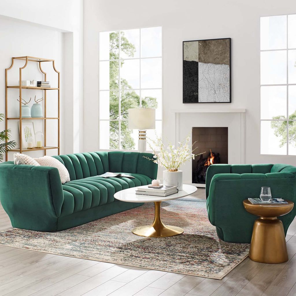 Entertain Vertical Channel Tufted Performance Velvet Sofa and Armchair Set in Green