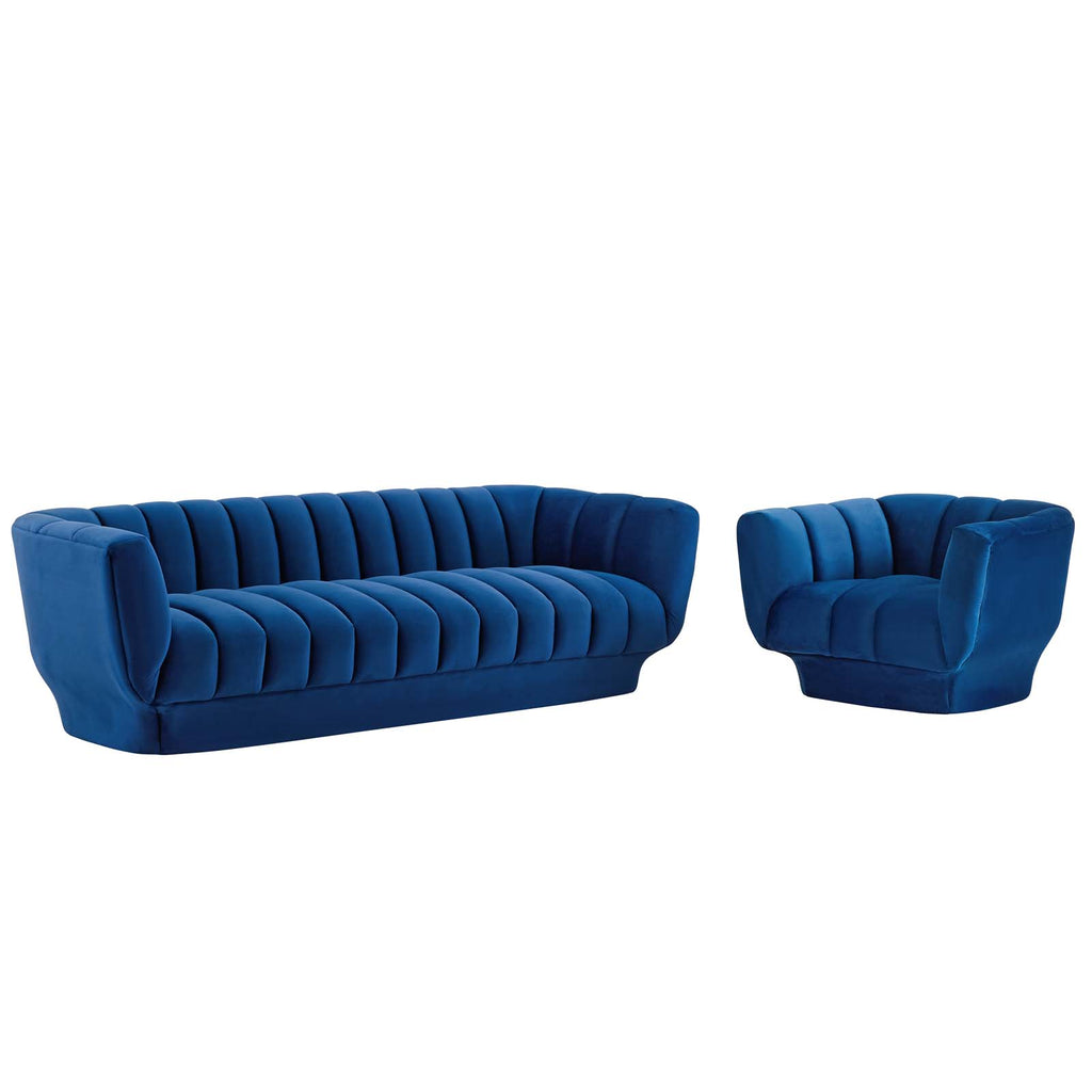 Entertain Vertical Channel Tufted Performance Velvet Sofa and Armchair Set in Navy