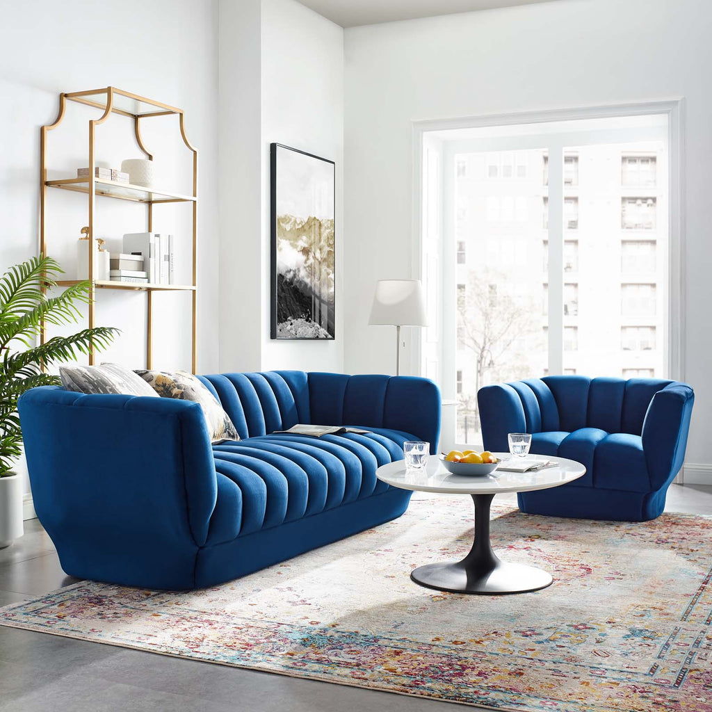 Entertain Vertical Channel Tufted Performance Velvet Sofa and Armchair Set in Navy