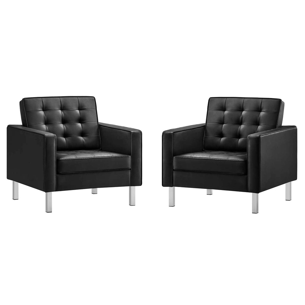 Loft Tufted Upholstered Faux Leather Armchair Set of 2 in Silver Black