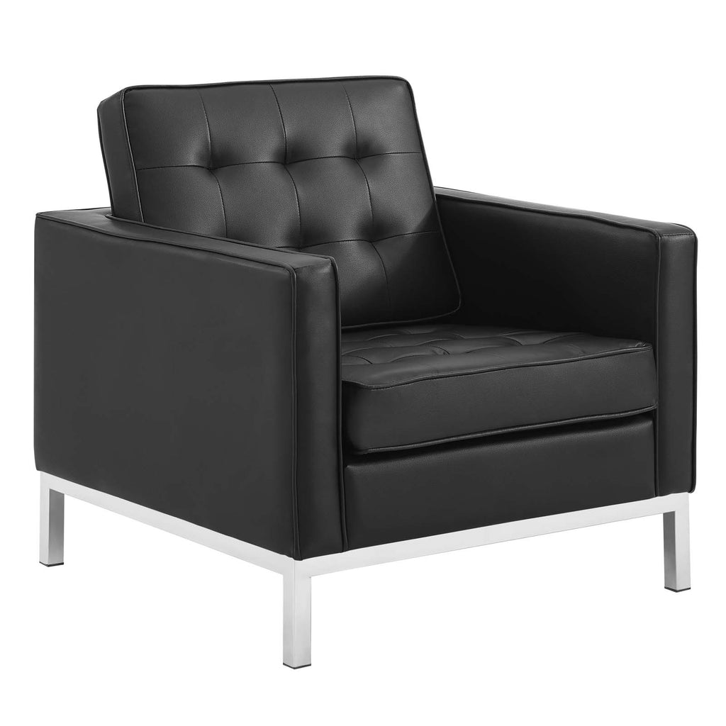 Loft Tufted Upholstered Faux Leather Loveseat and Armchair Set in Silver Black