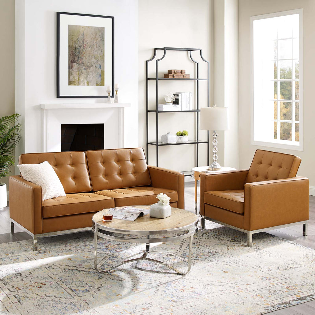 Loft Tufted Upholstered Faux Leather Loveseat and Armchair Set in Silver Tan