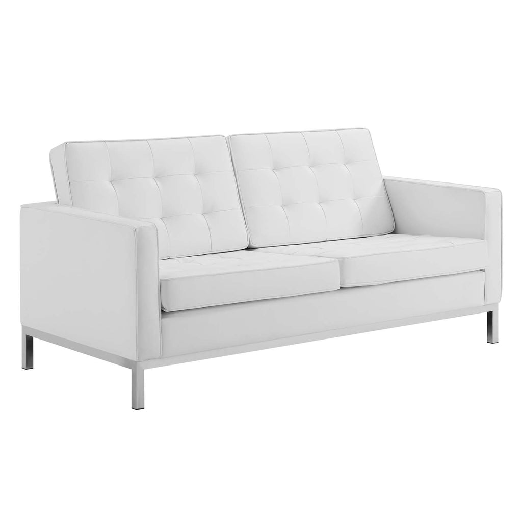 Loft Tufted Upholstered Faux Leather Loveseat and Armchair Set in Silver White
