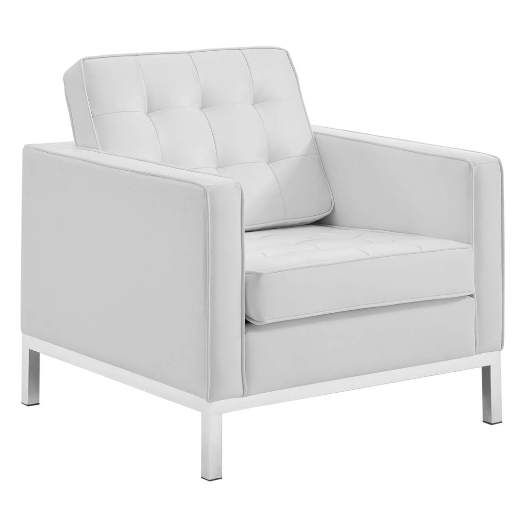 Loft Tufted Upholstered Faux Leather Loveseat and Armchair Set in Silver White