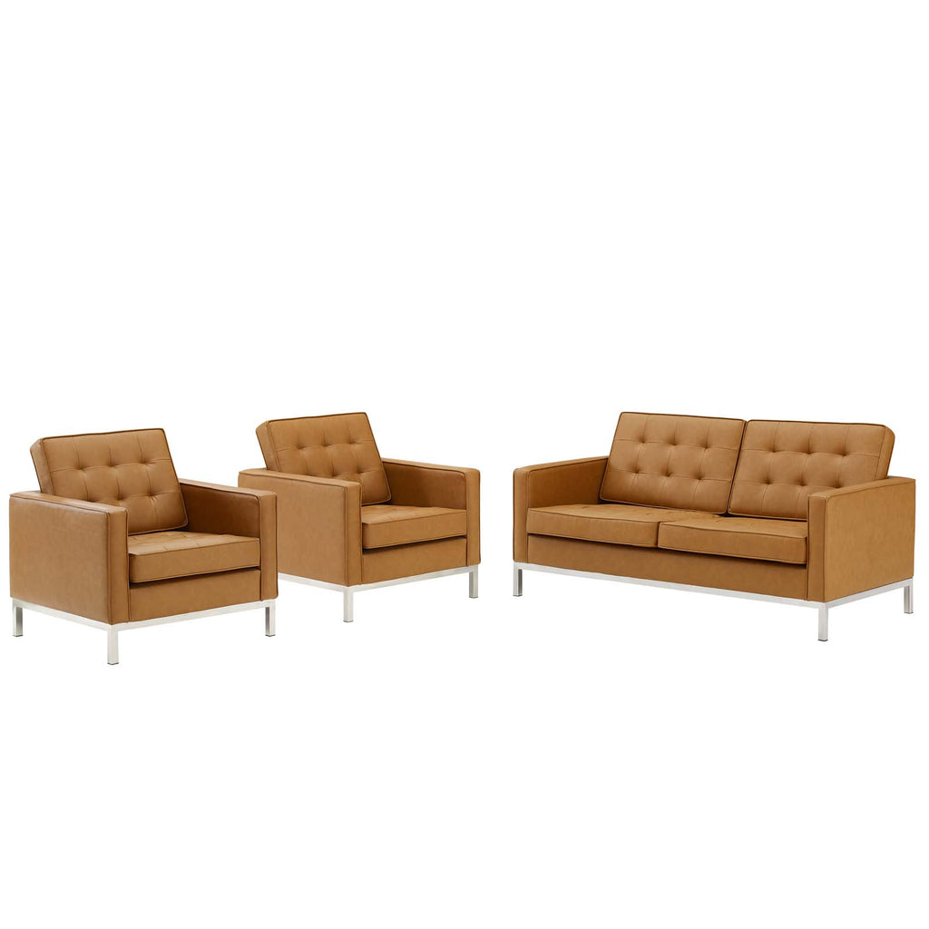 Loft 3 Piece Tufted Upholstered Faux Leather Set in Silver Tan-2
