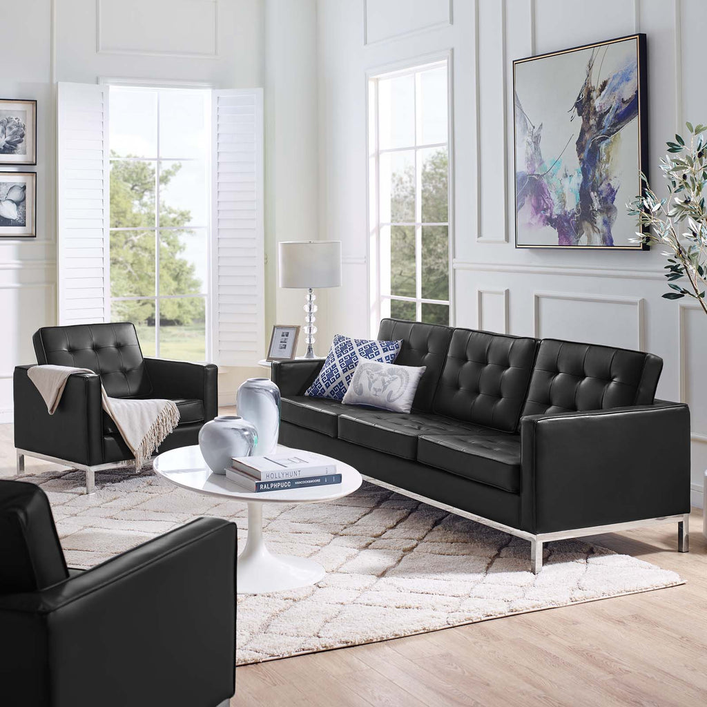 Loft Tufted Upholstered Faux Leather Sofa and Armchair Set in Silver Black