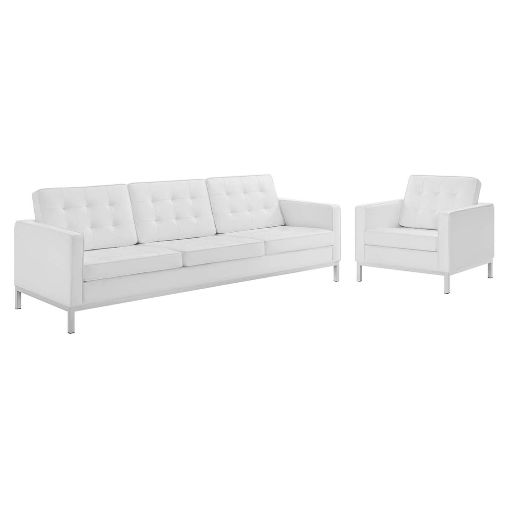 Loft Tufted Upholstered Faux Leather Sofa and Armchair Set in Silver White