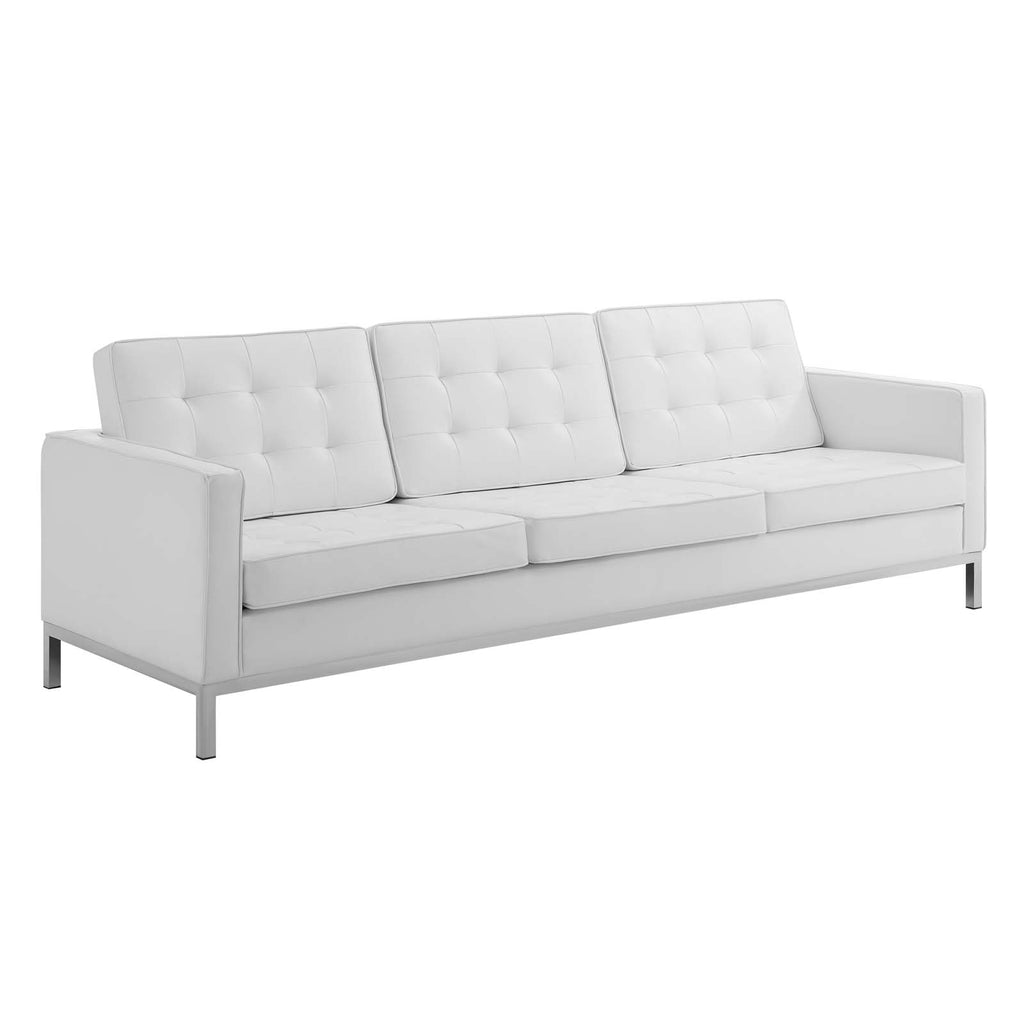 Loft Tufted Upholstered Faux Leather Sofa and Armchair Set in Silver White