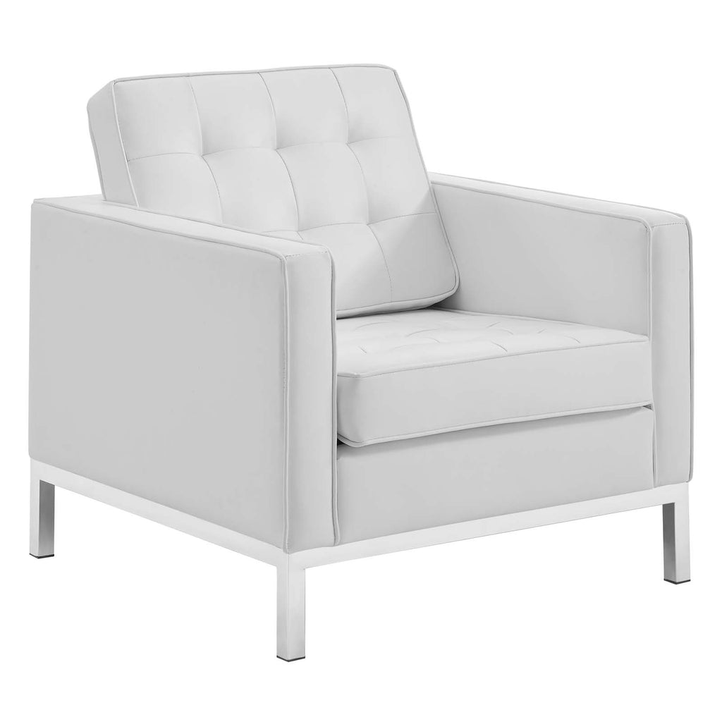 Loft Tufted Upholstered Faux Leather Sofa and Armchair Set in Silver White