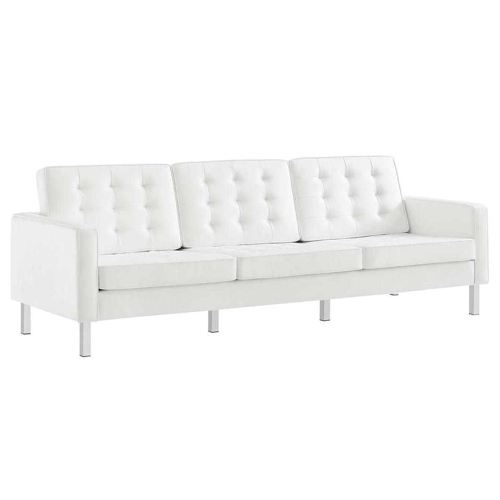 Loft Tufted Upholstered Faux Leather Sofa and Loveseat Set in Silver White