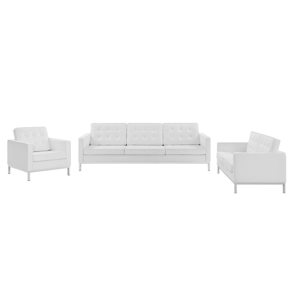 Loft Tufted Upholstered Faux Leather 3 Piece Set in Silver White