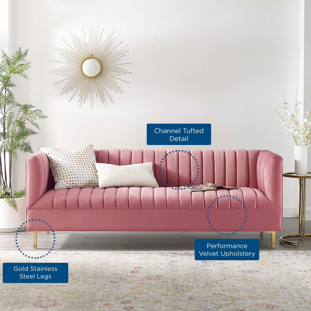 Shift Channel Tufted Performance Velvet Sofa in Dusty Rose