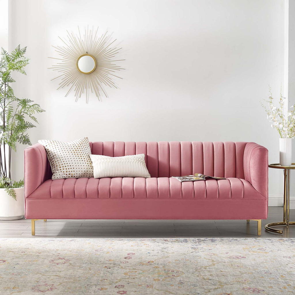 Shift Channel Tufted Performance Velvet Sofa in Dusty Rose