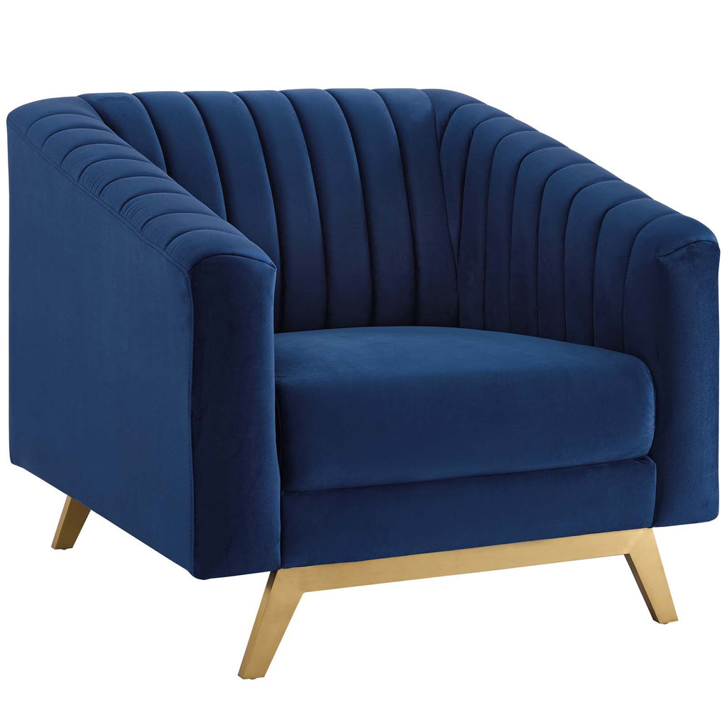Valiant Vertical Channel Tufted Performance Velvet Sofa and Armchair Set in Navy