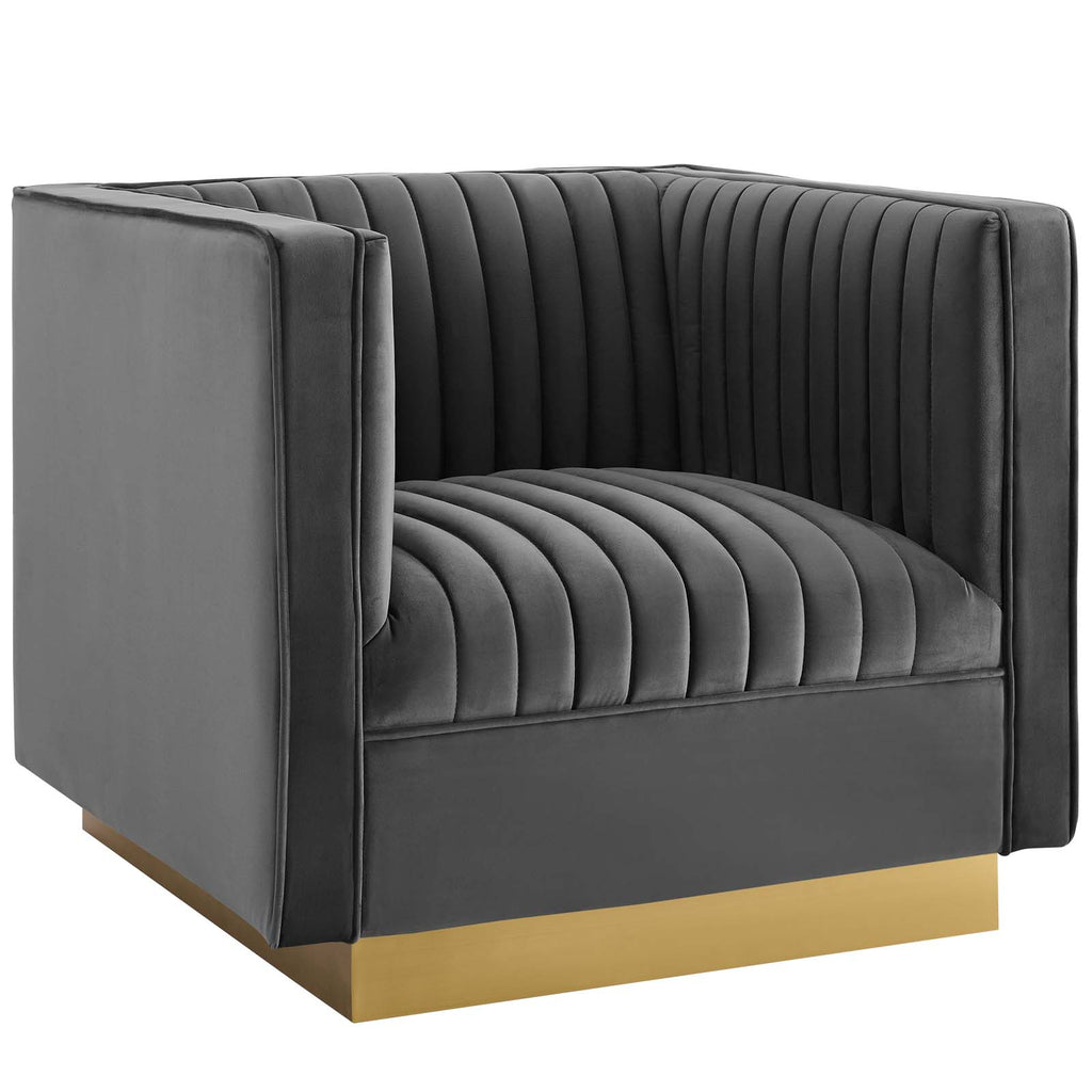 Sanguine Vertical Channel Tufted Upholstered Performance Velvet Armchair Set of 2 in Gray
