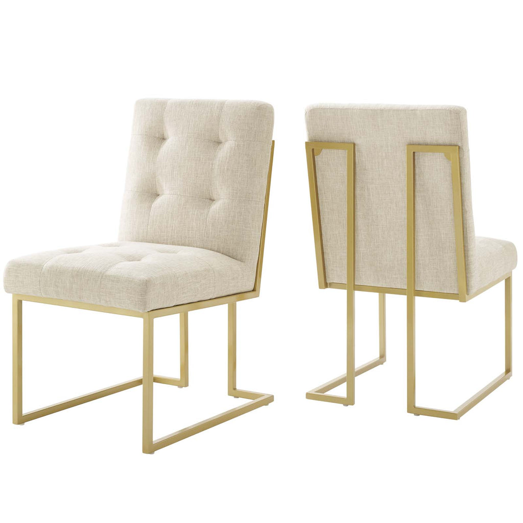 Privy Gold Stainless Steel Upholstered Fabric Dining Accent Chair Set of 2 in Gold Beige